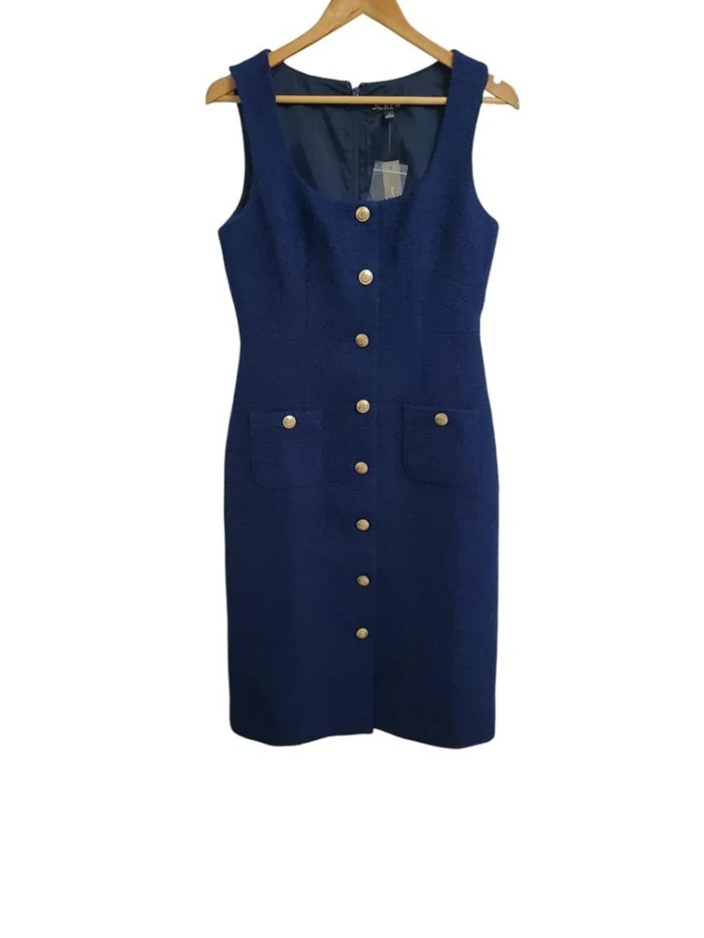 J. Crew Sophia Sleeveless Tweed Midi Dress Size 6 Navy Gold Button Office Pocket
